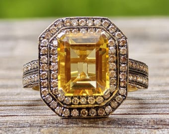 One-Of-A-Kind 3.1 Carat Natural Emerald Cut Citrine & 1 Carat Natural Diamonds 14k Yellow Solid Gold Cocktail Statement Ring