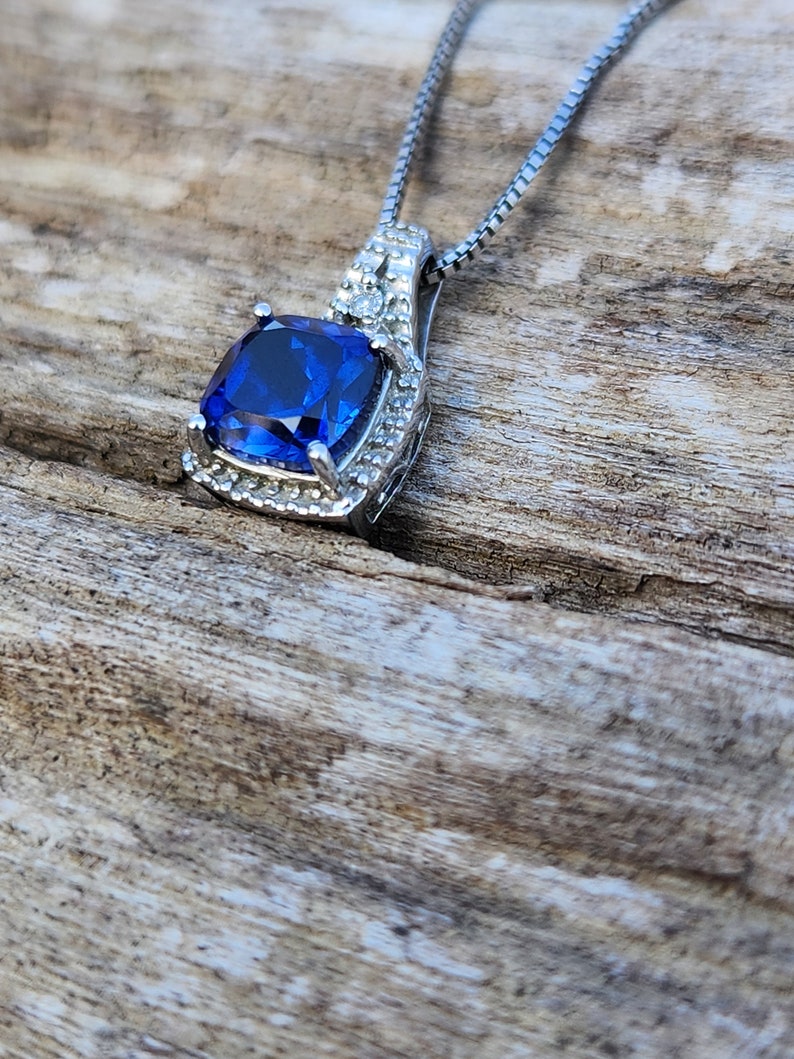 18 Inch Beautiful Blue Sapphire with Diamond Sterling Silver 925 Pendant & Necklace image 8