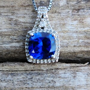 18 Inch Beautiful Blue Sapphire with Diamond Sterling Silver 925 Pendant & Necklace image 4