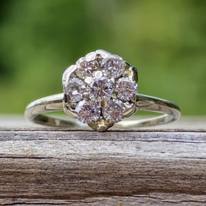 Sparkly Vintage 1 Carat Diamond Cluster 14k White Gold Ring