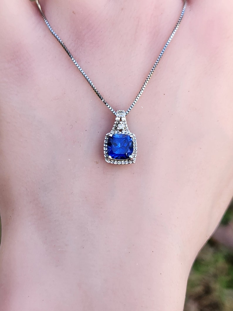 18 Inch Beautiful Blue Sapphire with Diamond Sterling Silver 925 Pendant & Necklace image 1