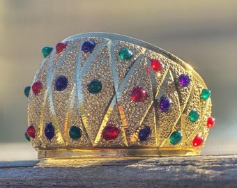 Anello da cocktail bombato in oro giallo massiccio 14 carati con smalto multicolore*