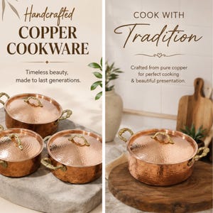 May include: A set of hammered copper pots with lids and textured brass-coloured handles. The image includes text that reads Handcrafted COPPER COOKWARE, Timeless beauty, made to last generations, COOK WITH Tradition, and Crafted from pure copper.