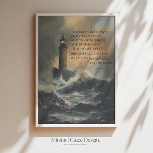 Matthew 7 25, Founded Upon A Rock, And the Rain Descended, Scripture Print, Bible Verse Wall Art, Entryway Print, Modern Christian Printable