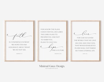 Faith Hope Love, Set Of 3 Prints, Hebrews 11, Jeremiah 29, John 3 16, Scripture Print, Christian Aesthetic, Living Room Wall Art, Christian