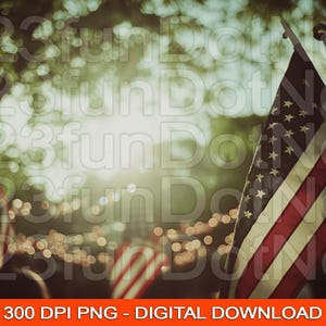 May include: An American flag with red and white stripes and white stars on a blue background. The flag is waving in the wind, with a blurred background of trees and sunlight. The image is a digital download.