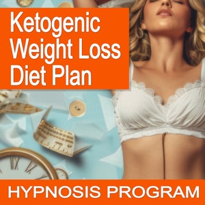 Könnte beinhalten: Eine Frau liegt auf einem blauen Hintergrund, trägt einen weißen BH und hat blonde Haare. Der Text "Ketogenic Weight Loss Diet Plan HYPNOSIS PROGRAM" ist oben im Bild in Orange.