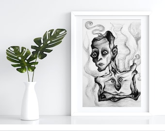 May include: A black and white drawing of a person with a distorted face and body, surrounded by swirling smoke. The drawing is framed in a white frame and is hanging on a white wall.