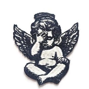 Sad Cupid Patch | Blind Cherub Embroidered Iron-On Patch | Gothic Angel Applique | Streetwear Tattoo Patch | 8x9cm Jacket Backpack DIY