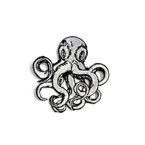 May include: A black and white embroidered patch of an octopus with eight tentacles.