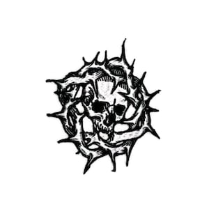 May include: A black and white illustration of a skull encircled by a thorny wreath. The skull is detailed with visible eye sockets, a nose cavity, and teeth. The thorns are sharp and pointed, creating a stark contrast against the white background.