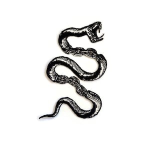 May include: Black and white embroidered iron-on patch of a snake with a chain wrapped around it.