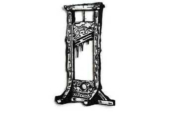 May include: Black and white illustration of a guillotine, a historical execution device.