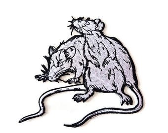 Patch brodé double rat - badge souris punk rock - rats se chevauchant - patch esthétique streetwear - appliqué animal grungy