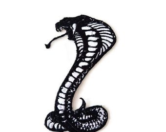 Black & White Cobra Embroidered Iron-On Patch - Animal Serpent Applique