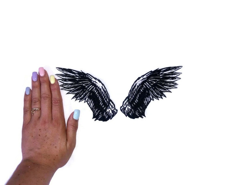 May include: A pair of black wings with a detailed design, against a white background.