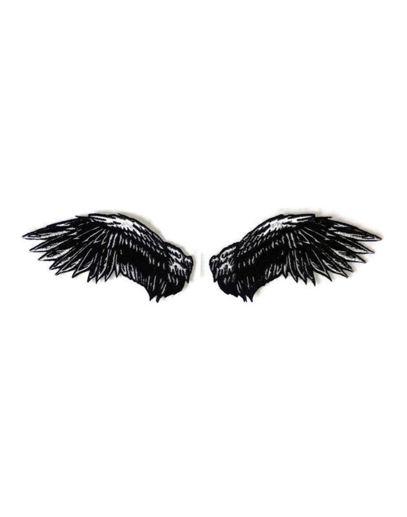 May include: A pair of black embroidered wings, a popular design for fashion and home decor.