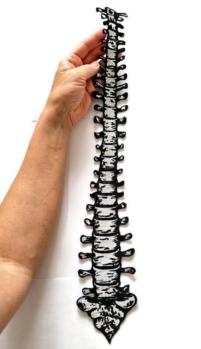 Puede incluir: Un parche en forma de columna vertebral en blanco y negro. El parche se sostiene sobre un fondo blanco. La columna vertebral est&aacute; detallada con un contorno negro y un relleno blanco texturizado, mostrando las v&eacute;rtebras y la estructura espinal.