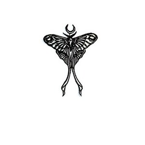 May include: A black and white line drawing of a moth with a crescent moon on its head.