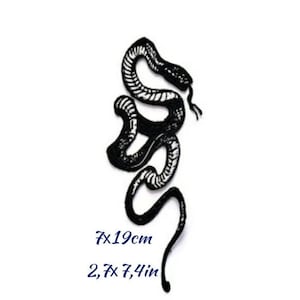 May include: Black and white snake patch. The snake is in a vertical, winding pose with a detailed pattern. The patch measures 7.4 inches in length and 2.7 inches in width. The snake's head is at the top, with its tongue extended.