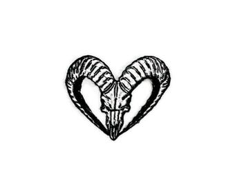 Ram Skull Heart Embroidered Patch, Gothic Iron-on Applique
