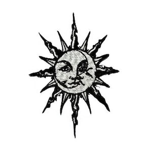 May include: Black and white illustration of a sun with a face and a crescent moon shape in the centre.