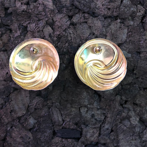 Vintage Stud Earrings Gold Toned Round With Spira… - image 3