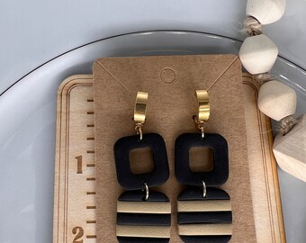 Minimalist Black and Tan Striped Square Huggie Polymer Clay Earrings