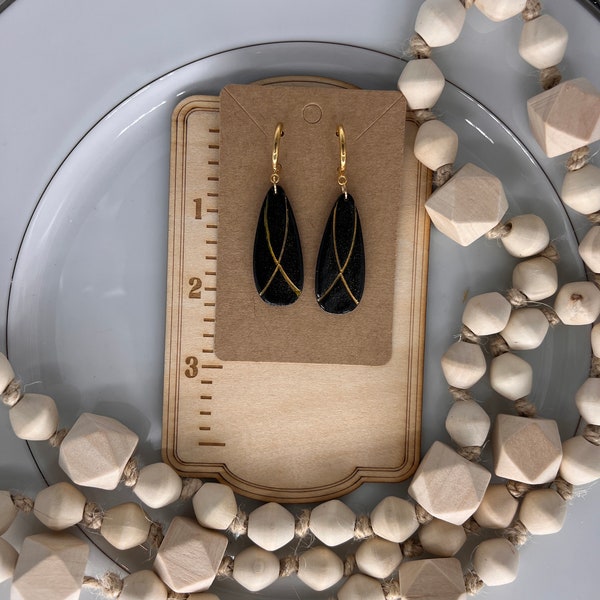 Sleek Gold Hoop with Black Teardrop Polymer Clay Earrings