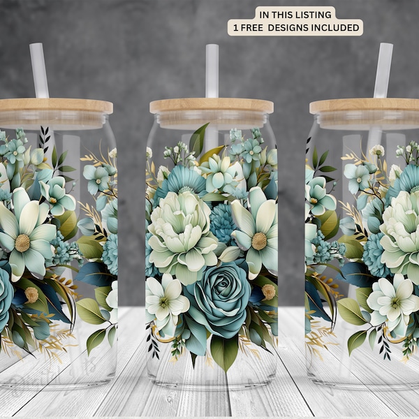 Blue roses-mix flowers 16oz glass can sublimation watercolor design-frosted-clear Libbey beer Glass can wrap PNG Digital Instant download.