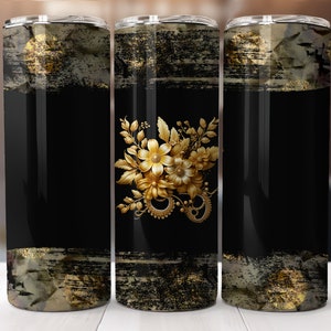 Elegant black 20oz Skinny Tumbler with golden medallion design-straight pattern & tapered-Tumbler Sublimation Design-Digital Download PNG.