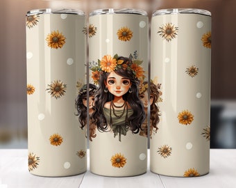 Cute girls with flowers boho style tumbler wrap, straight pattern & tapered, 20 oz Skinny Tumbler Sublimation Design, Digital Download PNG.
