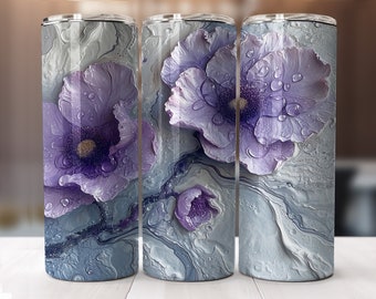 Gotas de agua flores moradas 20oz Skinny Tumbler Sublimation Design Wrap Png-recto-Diseño cónico-Descarga digital instantánea PNG SOLAMENTE.