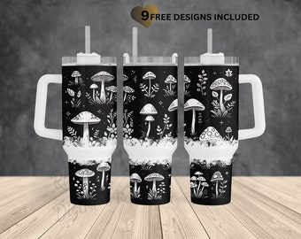 Black/white mushrooms 40oz Tumbler sublimation Wrap PNG Design-Quencher Tumbler Wrap-Tumbler with Handle Wrap-Instant Download.