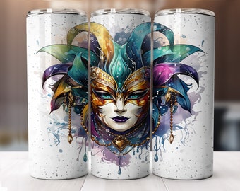 Mardi Gras New Orleans Party mask 20oz Skinny Tumbler Sublimation Design Digital Download PNG-straight & tapered pattern-Tumbler Wraps.