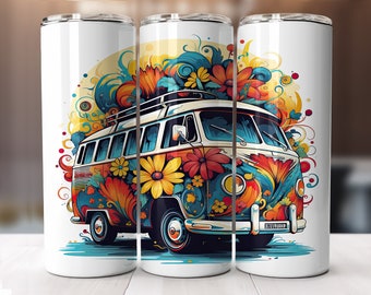 Hippie van with flowers sublimation tumbler wrap Png-straight & tapered pattern-20oz Skinny Tumbler Sublimation Design-Digital Download PNG.