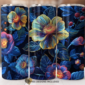 Glowing in the dark flowers image 20oz Skinny Tumbler Sublimation Design Wrap Png-straight-Tapered Design-Instant Digital Download ONLY.