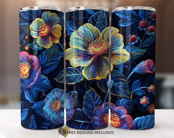 Glowing in the dark flowers image 20oz Skinny Tumbler Sublimation Design Wrap Png-straight-Tapered Design-Instant Digital Download ONLY.