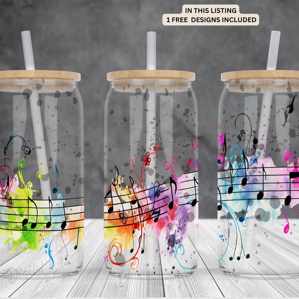 Colorful music notes symbols 16oz glass can sublimation design-frosted-clear Libbey beer Glass can wrap- PNG Digital Instant download.