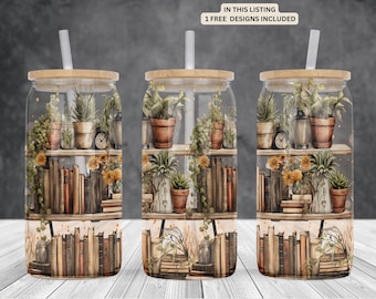 Bookshelf-flowers-plants 16oz glass can sublimation watercolor design-frosted-clear Libbey beer Glass can wrap PNG Digital Instant download.