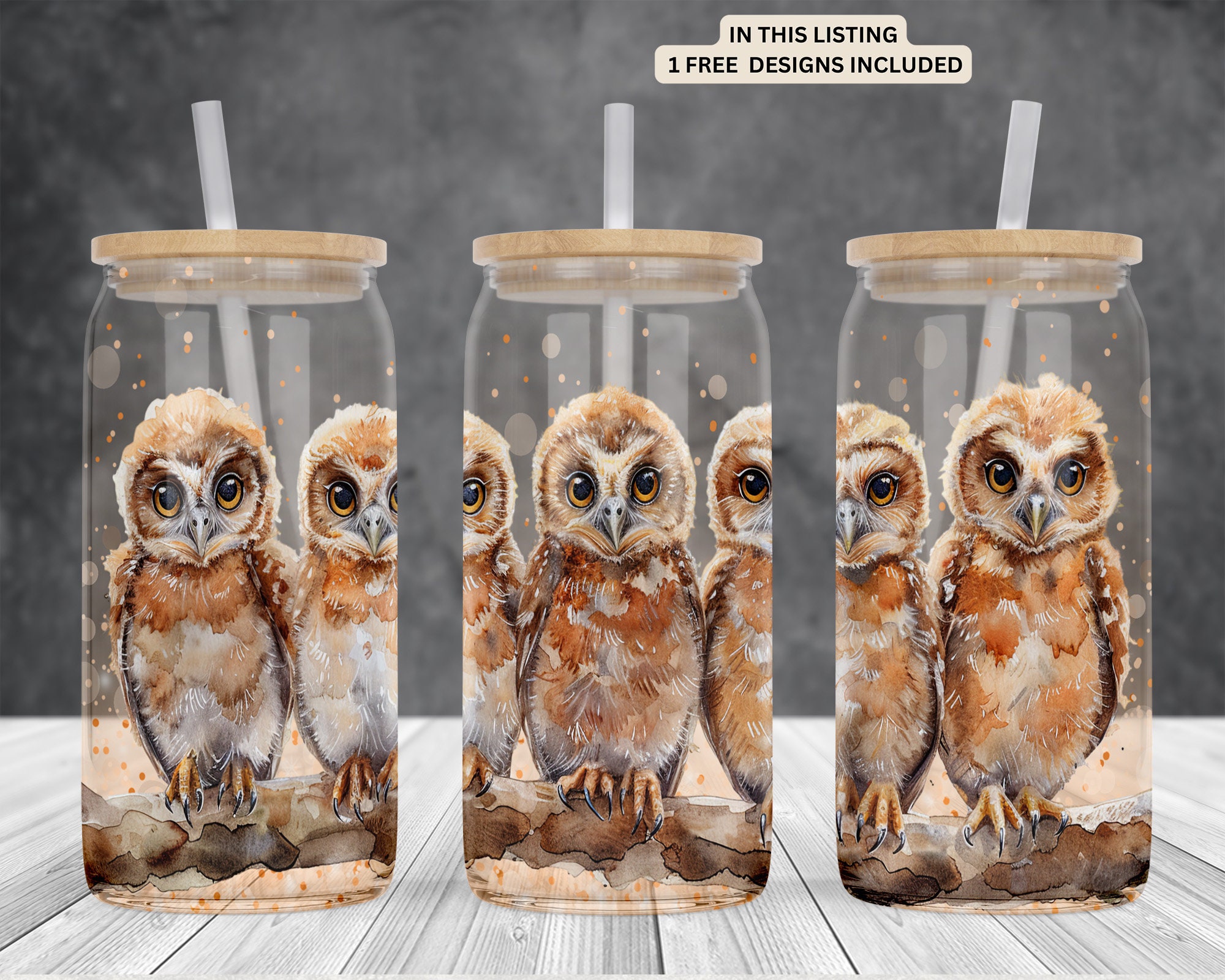 Owl 16oz glass can sublimation watercolor design-frosted-clear Libbey beer Glass can wrap PNG Digita