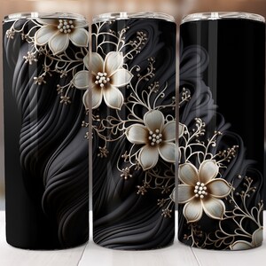 Elegant 20oz Skinny Tumbler black fabric-beige flowers design-straight pattern & tapered-Tumbler Sublimation Design-Digital Download PNG.