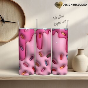 3D Pink melted ice cream Inflated Tumbler Wrap, 20 oz Skinny Tumbler Sublimation Design, Instant Digital Download PNG, Puffy Tumbler.