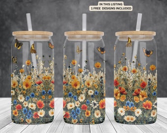 Wildflowers-butterflies 16oz glass can sublimation watercolor design-frosted-clear Libbey beer Glass can wrap PNG Digital Instant download.