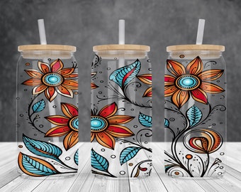 Floral-flowers 16oz glass can sublimation watercolor design-frosted-clear Glass can wrap PNG Digital Instant download.