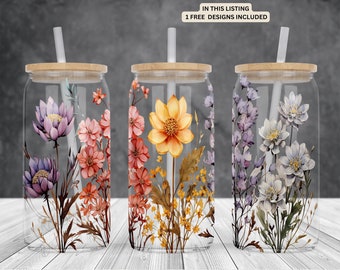 Wildflowers 16oz glass can sublimation watercolor design-frosted-clear Glass can wrap PNG Digital Instant download.