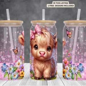 Cute Spring flowers Baby Highland cow 16oz glass can sublimation watercolor design-frosted-clear Glass can wrap PNG Digital Instant download