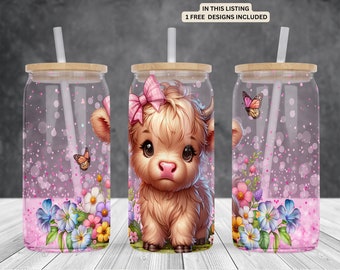 Cute Spring flowers Baby Highland cow 16oz glass can sublimation watercolor design-frosted-clear Glass can wrap PNG Digital Instant download