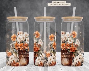 Floral-flowers pot-floral 16oz glass can sublimation watercolor design-frosted-clear Libbey beer Glass can wrap PNG Digital Instant download