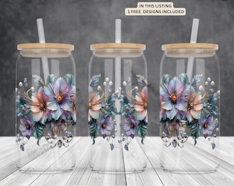 Jewelry flowers with crystals 16oz glass can sublimation design-frosted-clear Libbey beer Glass can wrap PNG Digital Instant download.